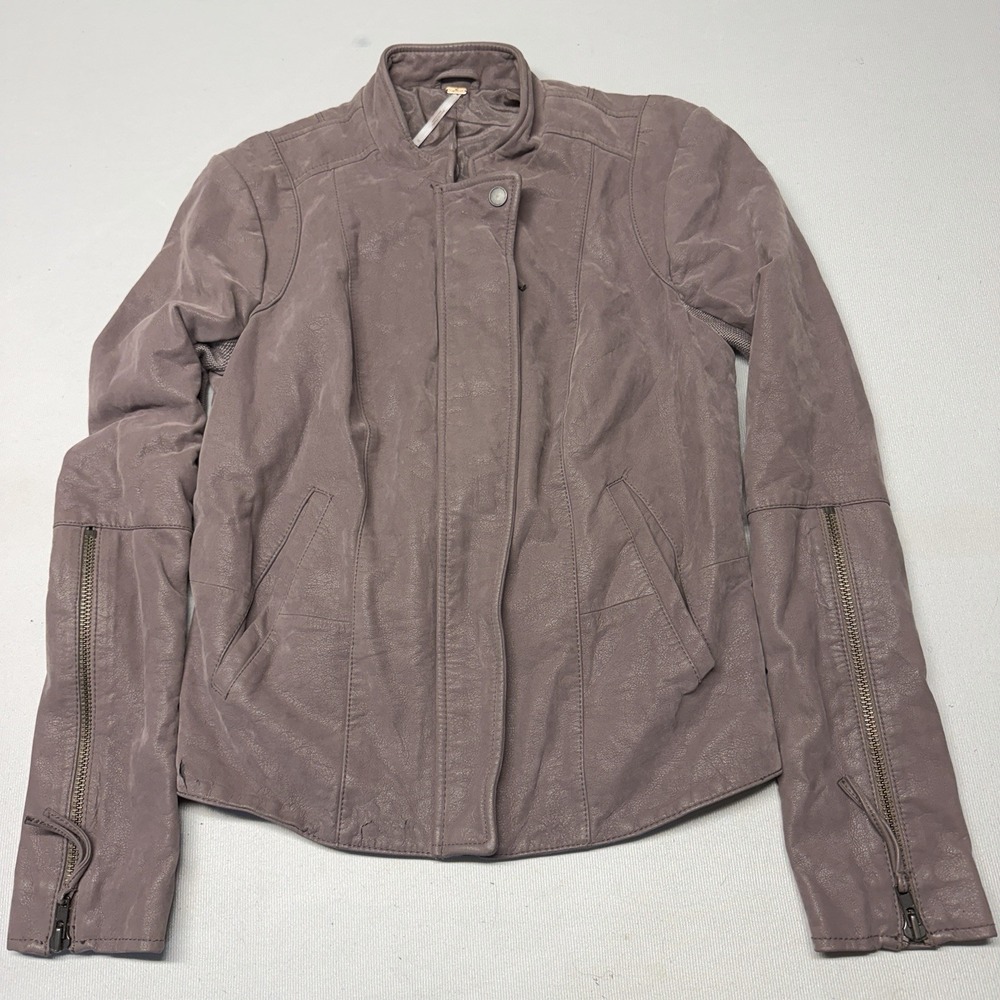 Free People Vegan Faux Leather Moto Jacket Women 10 Mauve Knit Grunge Biker Punk